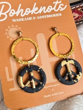 Gold & Black Peace Sign Hoop Earrings Retro Festival Jewelery Boho Western